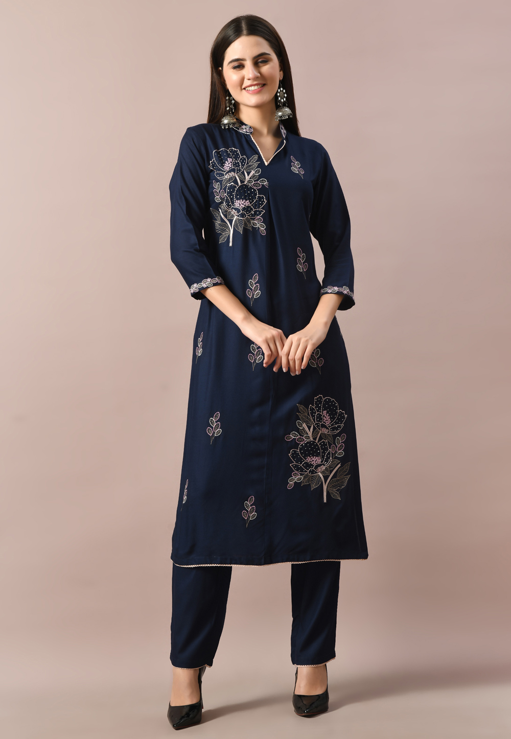 Navy Blue Cotton Rayon Kurta Set With Pent 305493