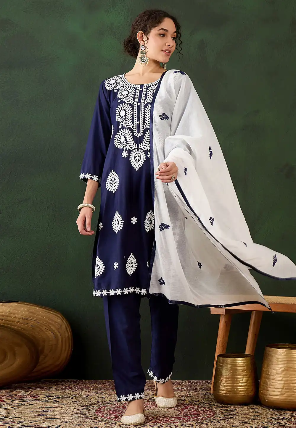 Navy Blue Cotton Rayon Readymade Pakistani Suit 294393