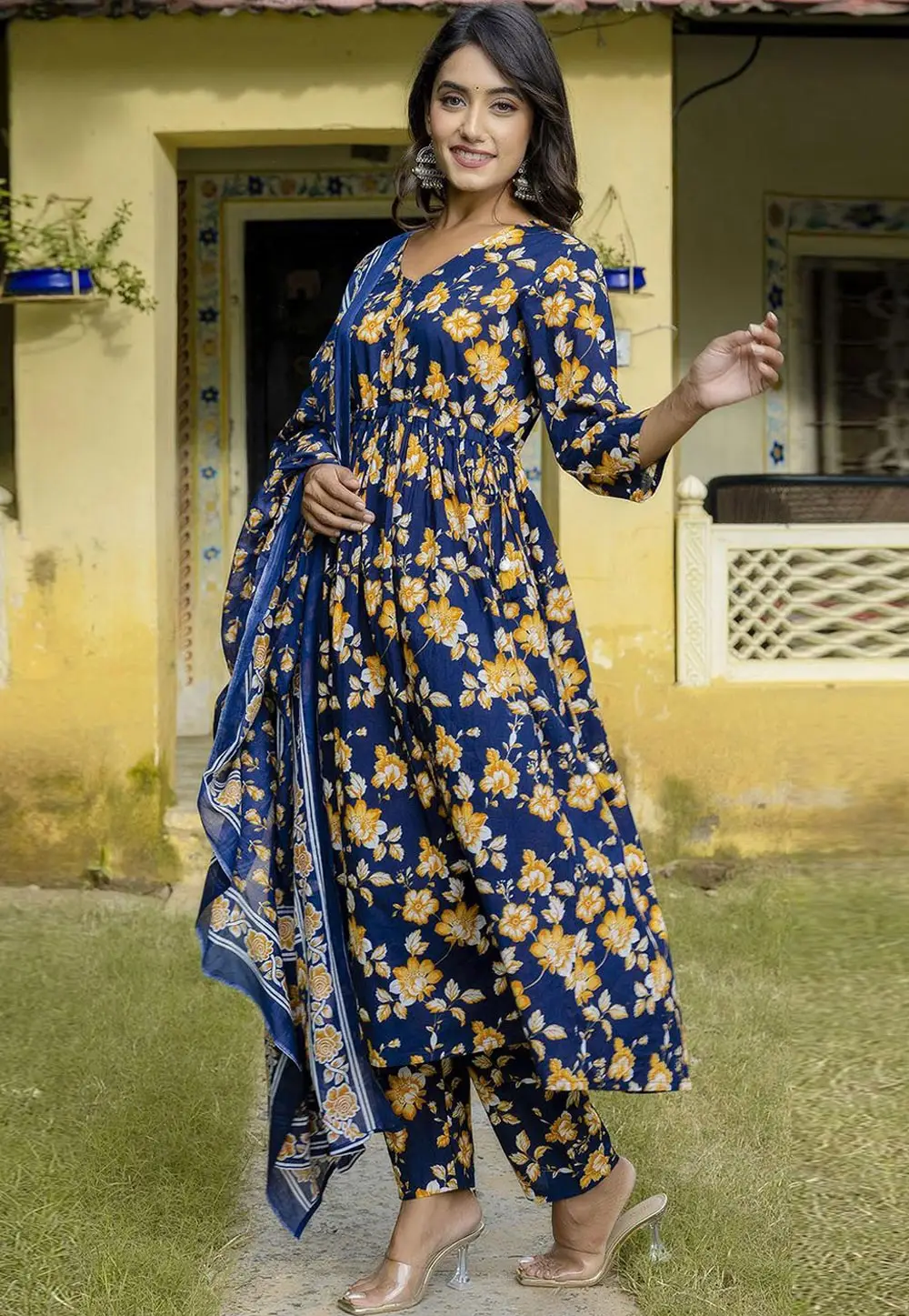 Navy Blue Cotton Readymade Anarkali Suit 296758