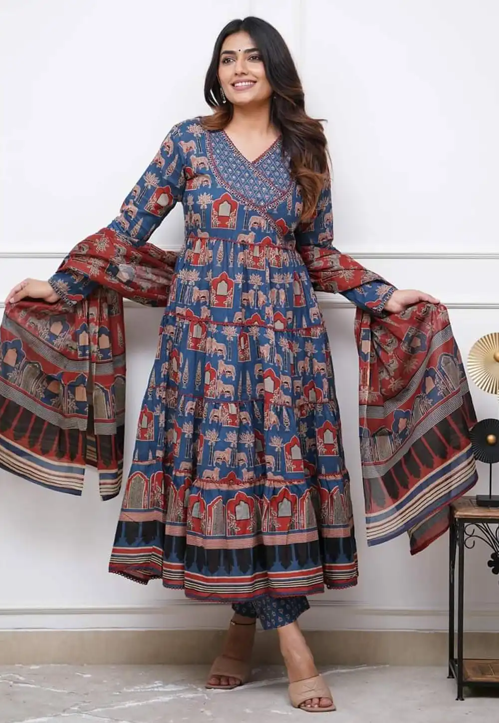 Navy Blue Cotton Readymade Anarkali Suit 294478