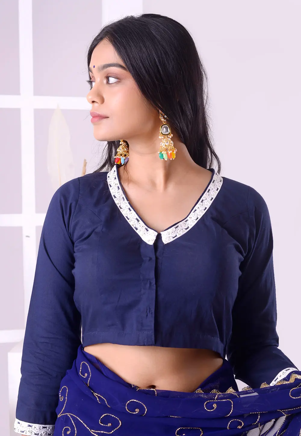 Navy Blue Cotton Readymade Blouse 298770