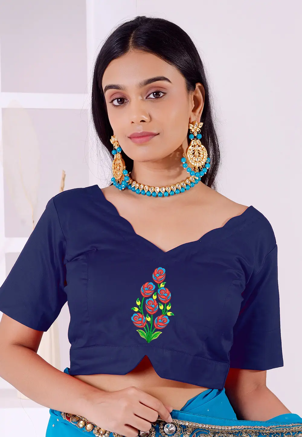 Navy Blue Cotton Readymade Blouse 298782