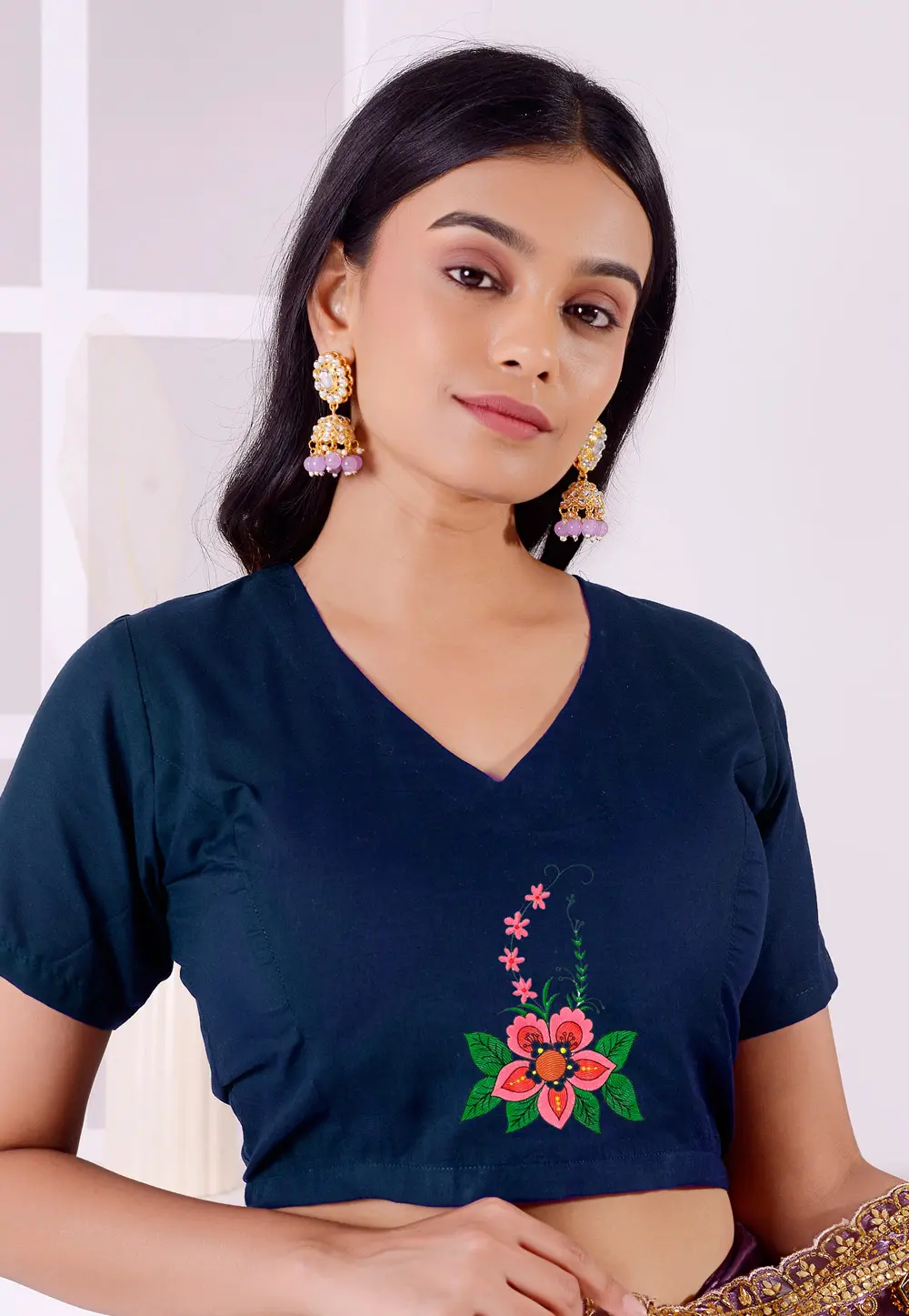 Navy Blue Cotton Readymade Blouse 298786