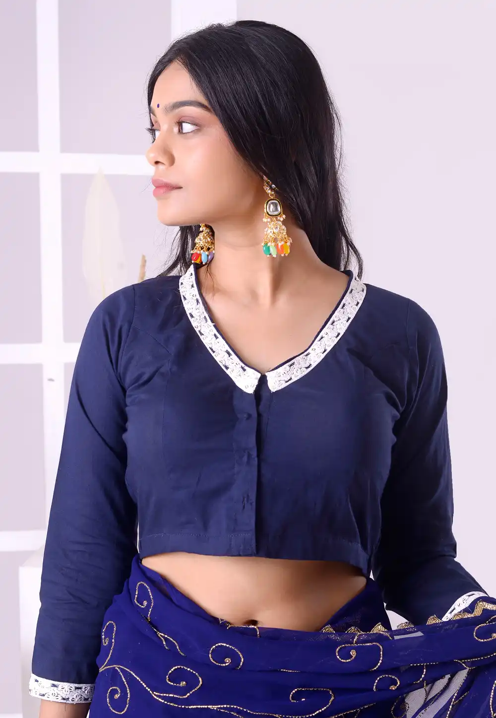 Navy Blue Cotton Readymade Blouse 292526