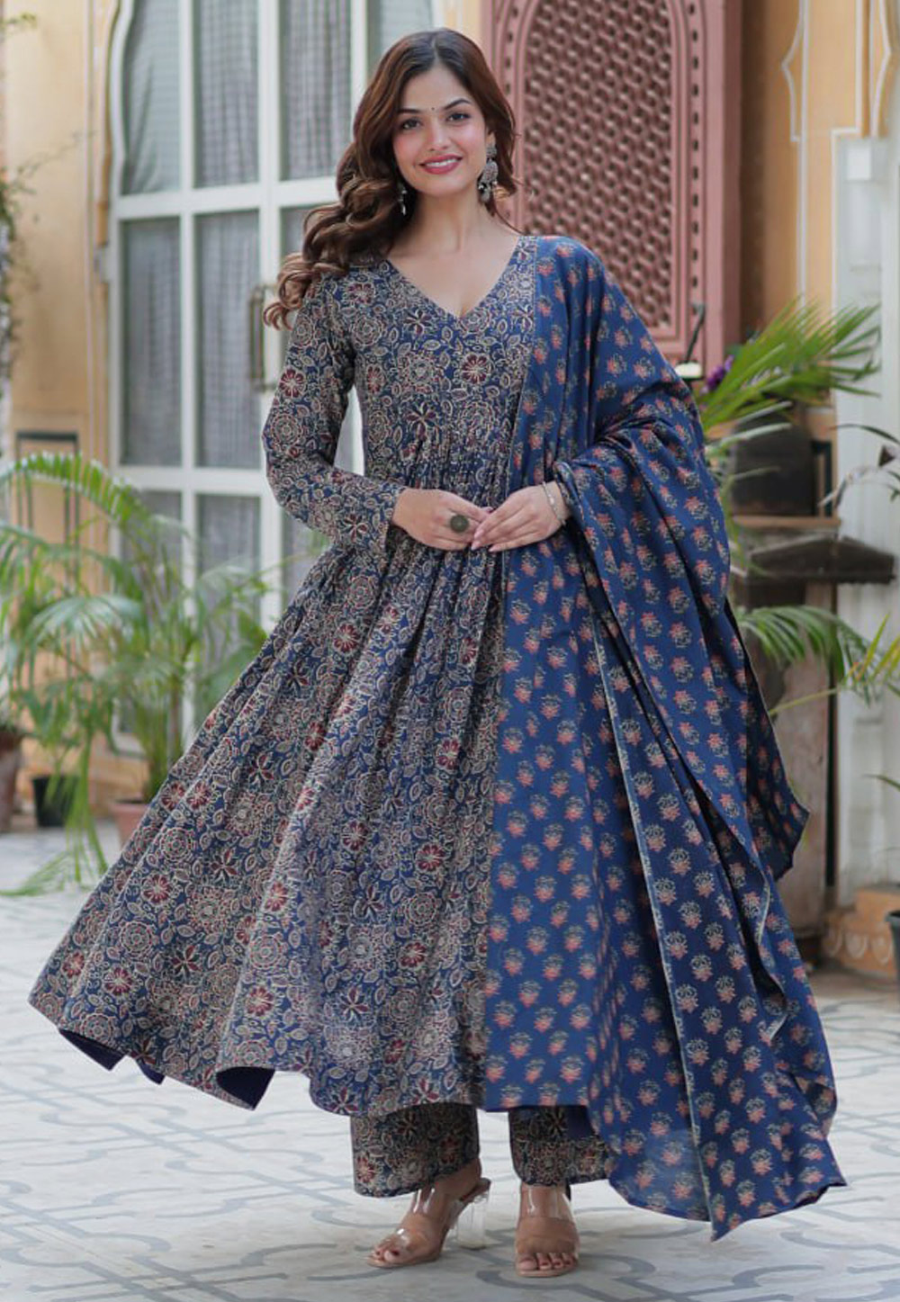 Navy Blue Cotton Readymade Long Anarkali Suit 309054