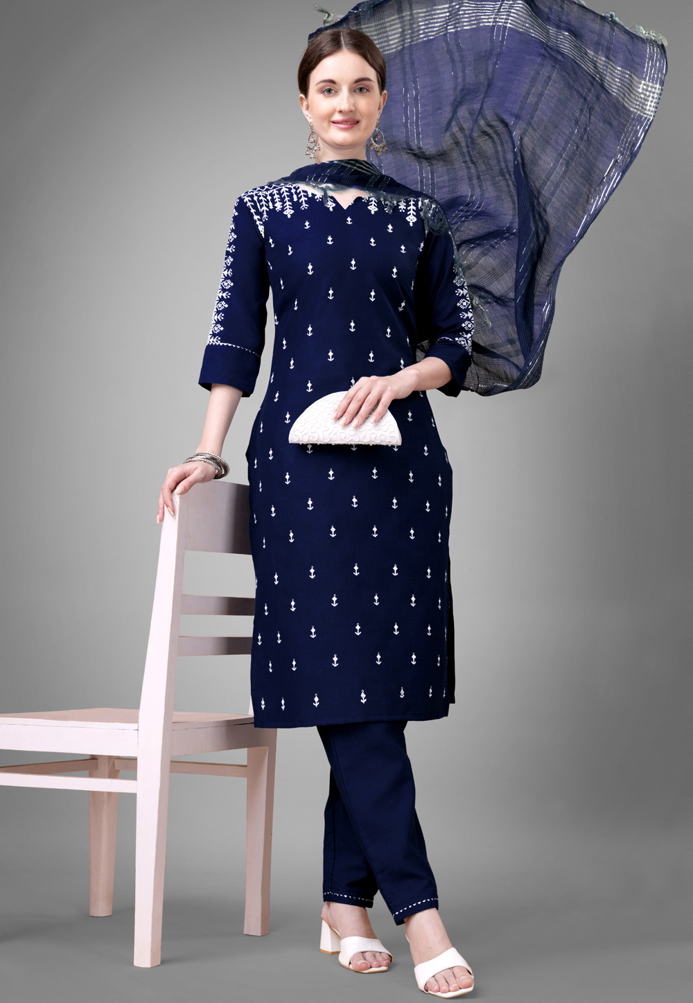 Navy Blue Cotton Readymade Pakistani Suit 279249