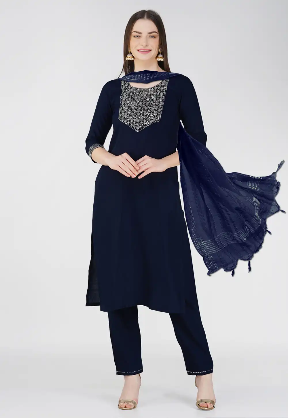 Navy Blue Cotton Readymade Pakistani Suit 290617