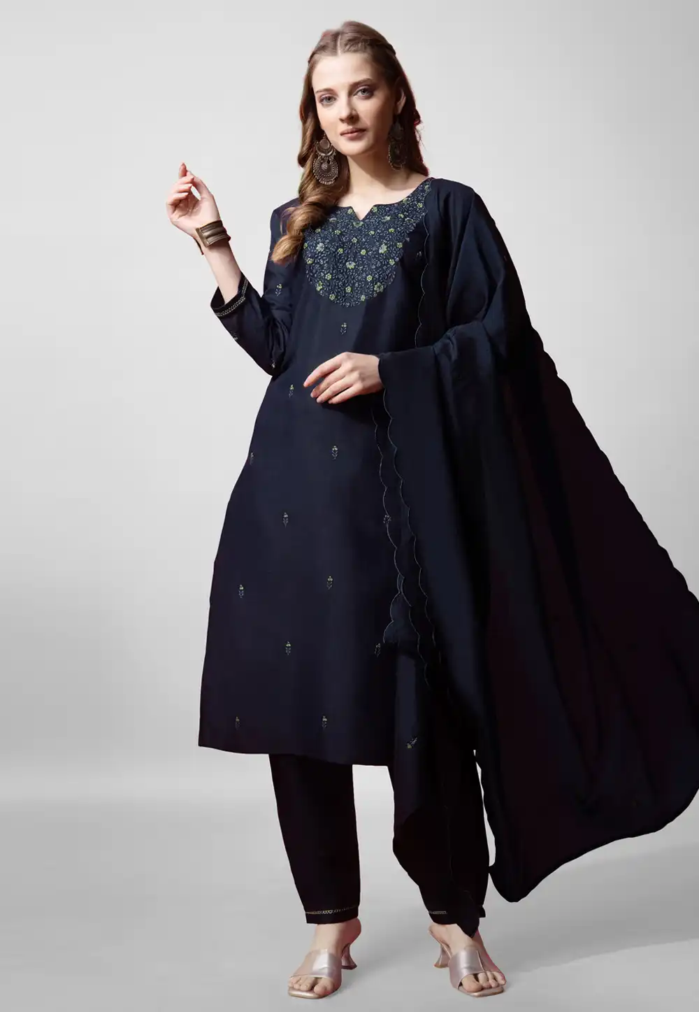 Navy Blue Cotton Readymade Pakistani Suit 290724