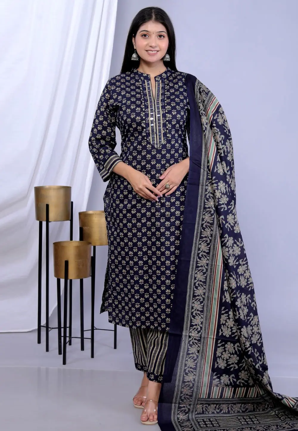 Navy Blue Cotton Readymade Pakistani Suit 304607