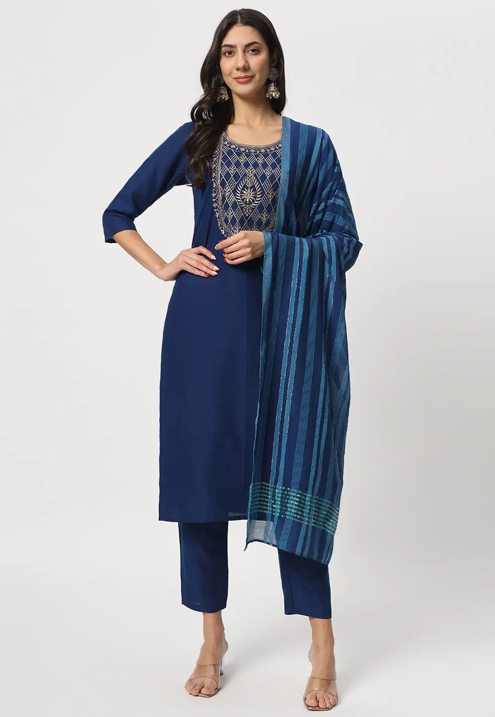 Navy Blue Cotton Readymade Pakistani Suit 299727