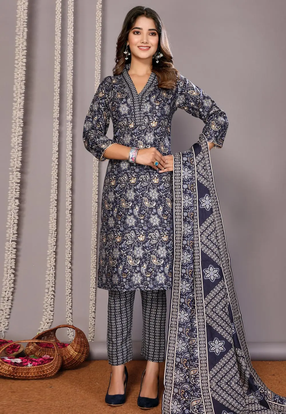 Navy Blue Cotton Readymade Pakistani Suit 303230