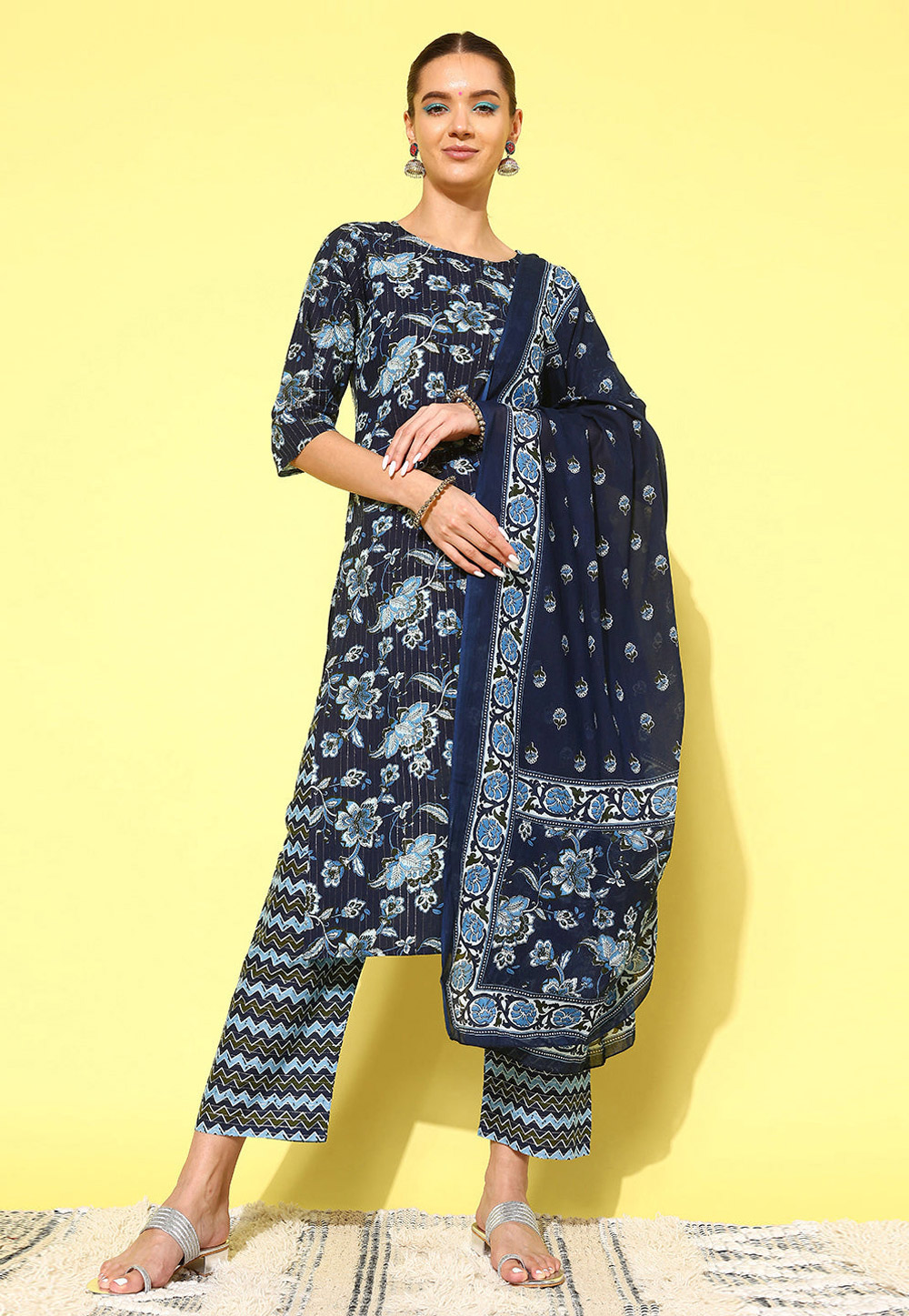 Navy Blue Cotton Readymade Pakistani Suit 282134