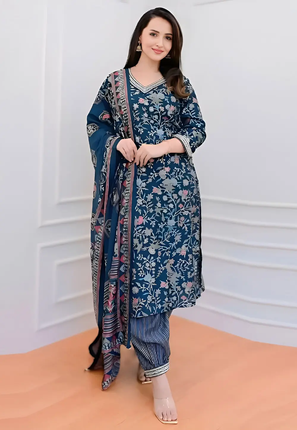 Navy Blue Cotton Readymade Pakistani Suit 302390