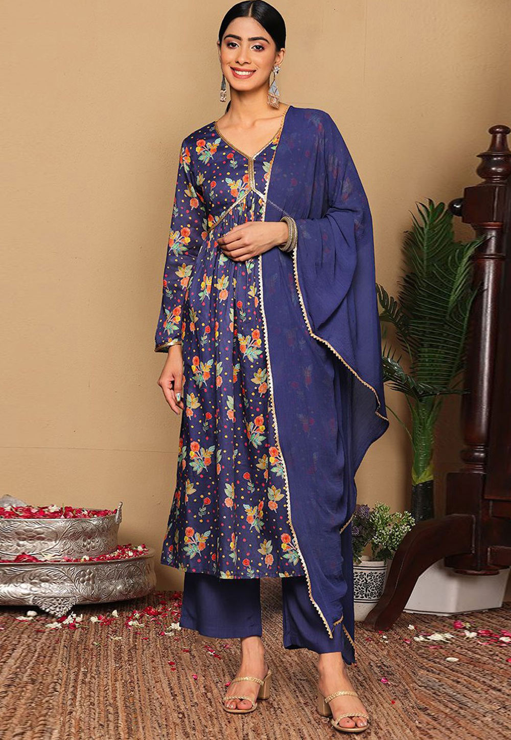 Navy Blue Cotton Readymade Palazzo Suit 305434