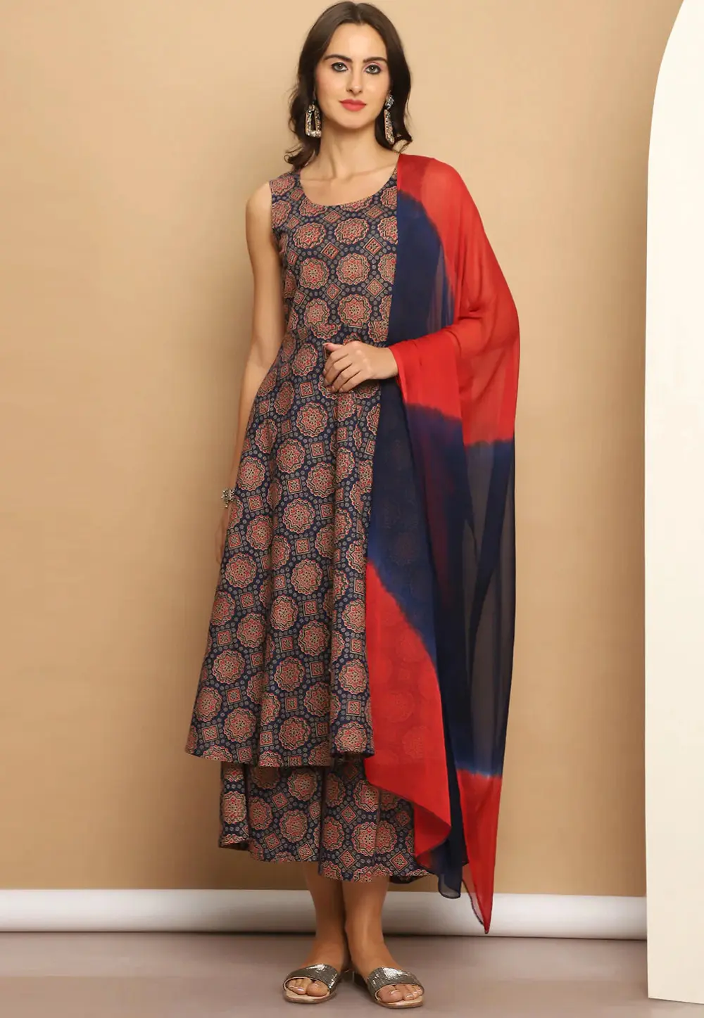 Navy Blue Cotton Readymade Palazzo Suit 298354