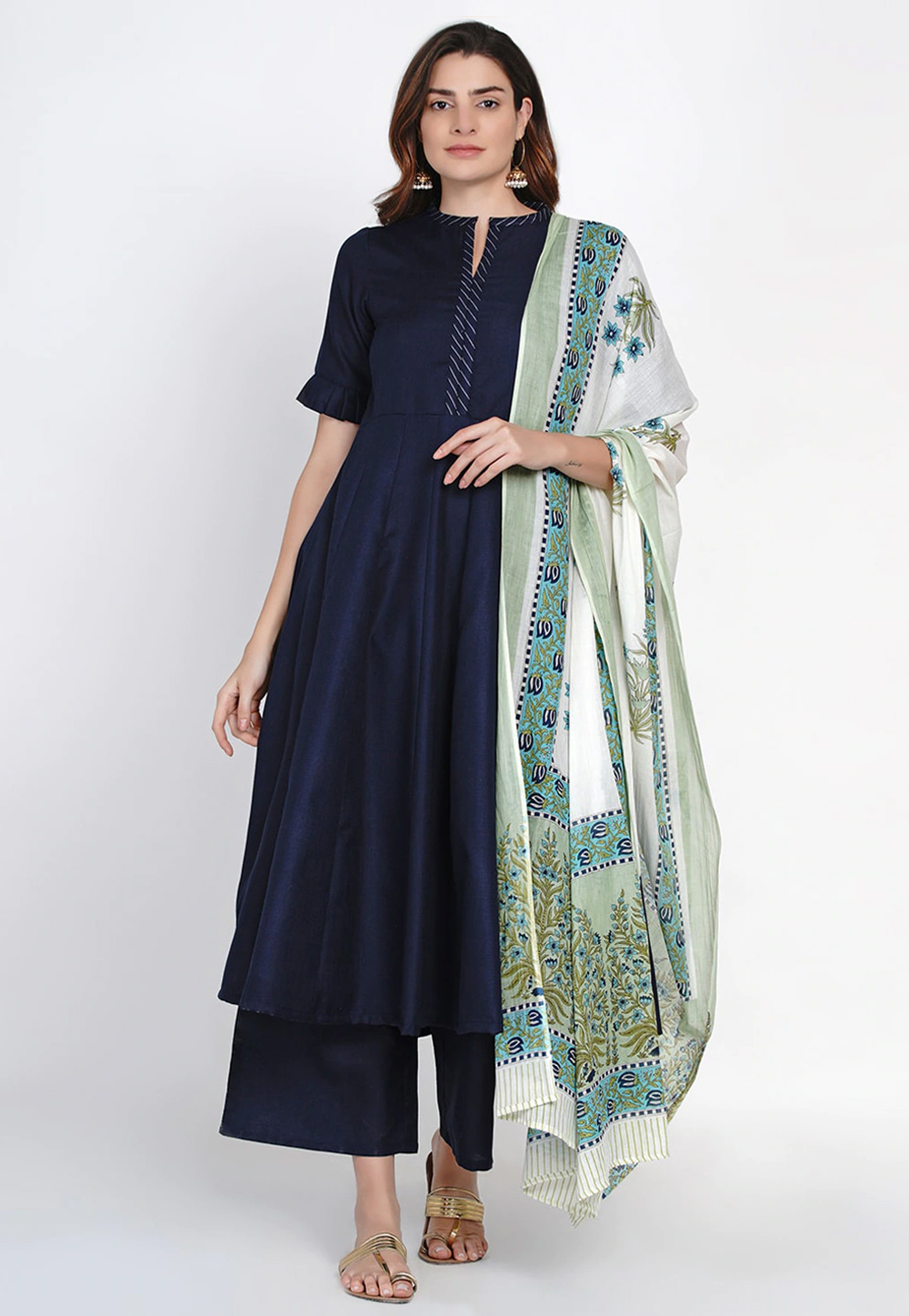 Navy Blue Cotton Readymade Palazzo Suit 281398