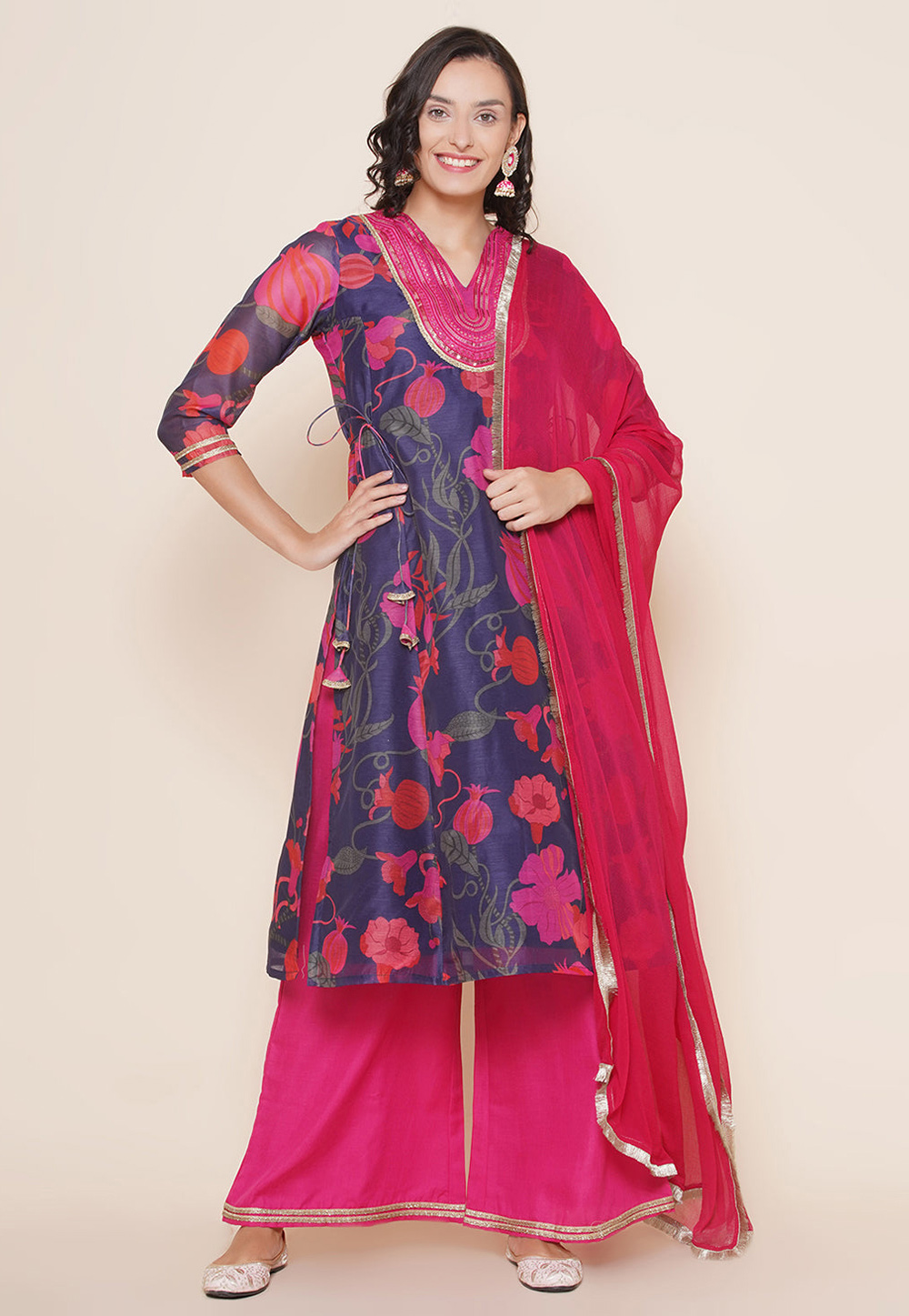 Navy Blue Cotton Readymade Palazzo Suit 281448