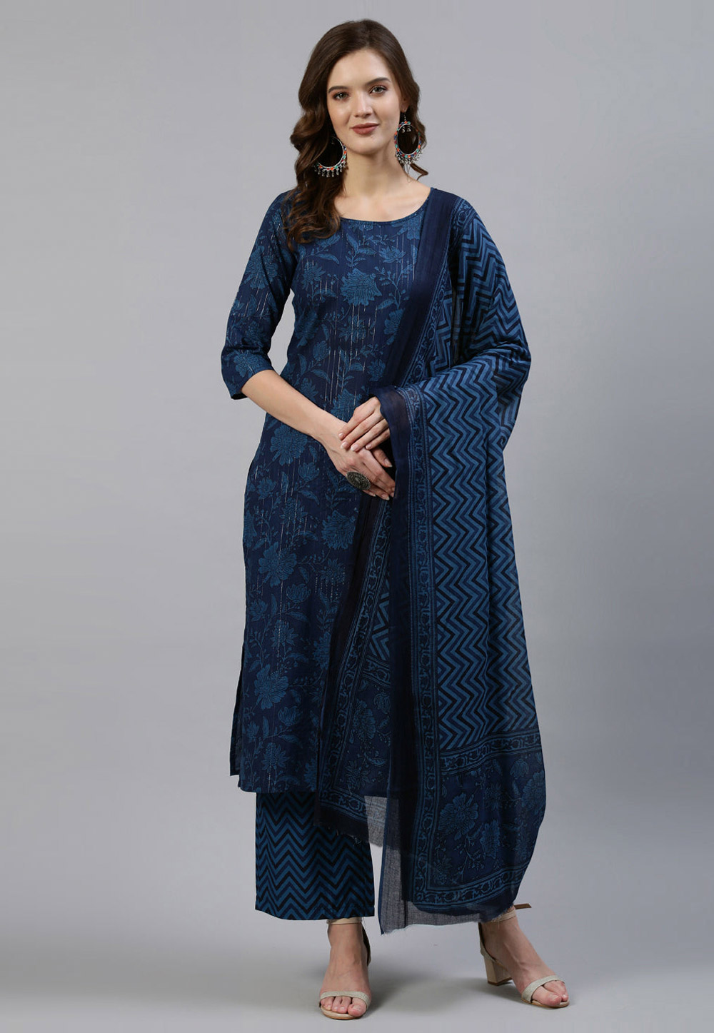 Navy Blue Cotton Readymade Palazzo Suit 282101