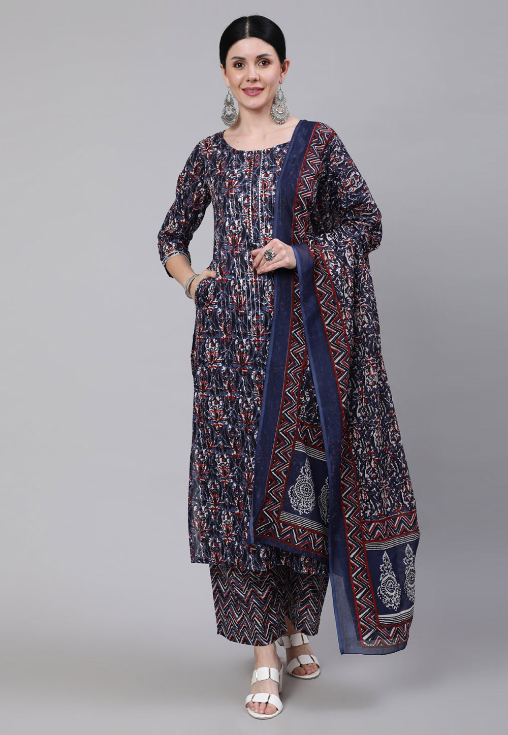 Navy Blue Cotton Readymade Palazzo Suit 282127