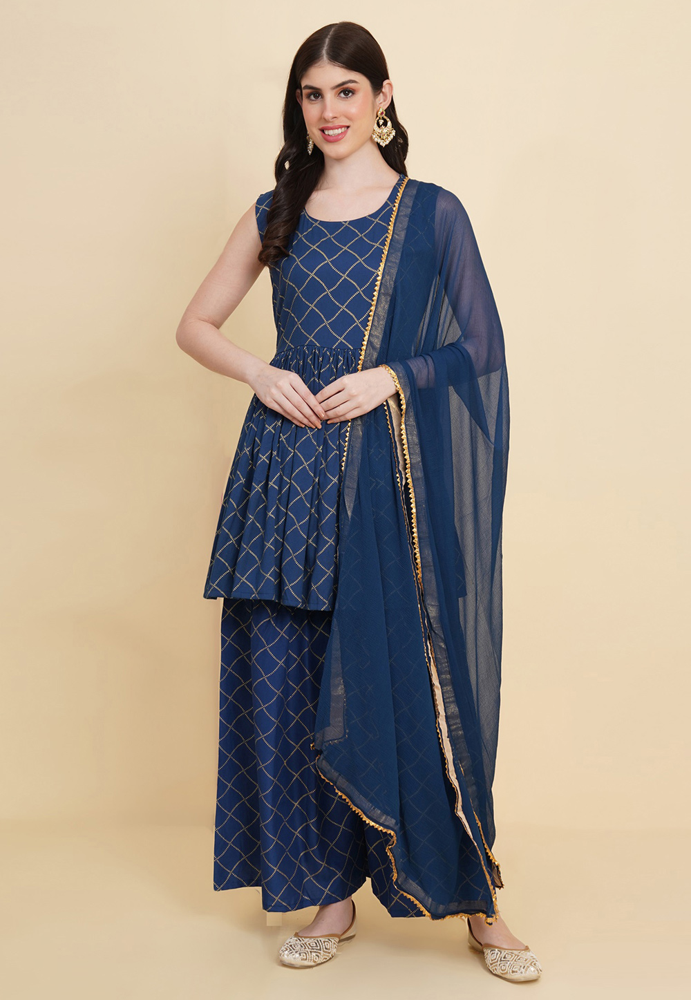 Navy Blue Cotton Readymade Palazzo Suit 285127