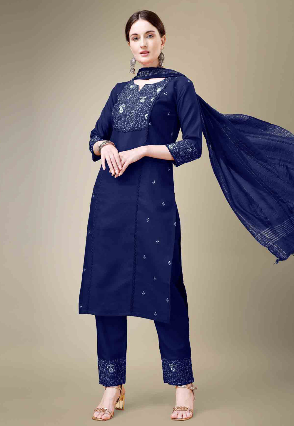 Navy Blue Cotton Readymade Pant Style Suit 280838