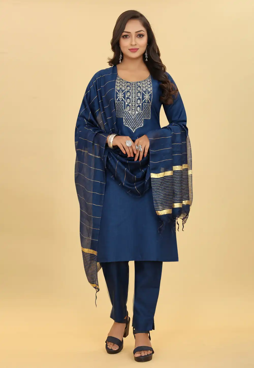 Navy Blue Cotton Readymade Pant Style Suit 288493