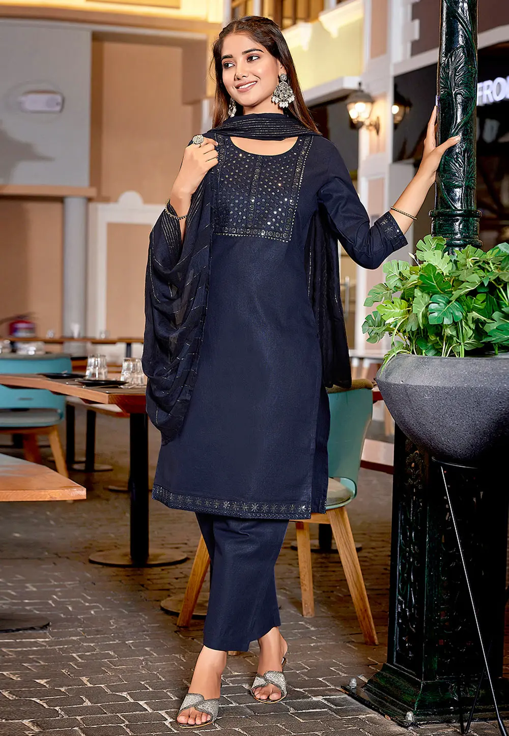 Navy Blue Cotton Readymade Pant Style Suit 303212