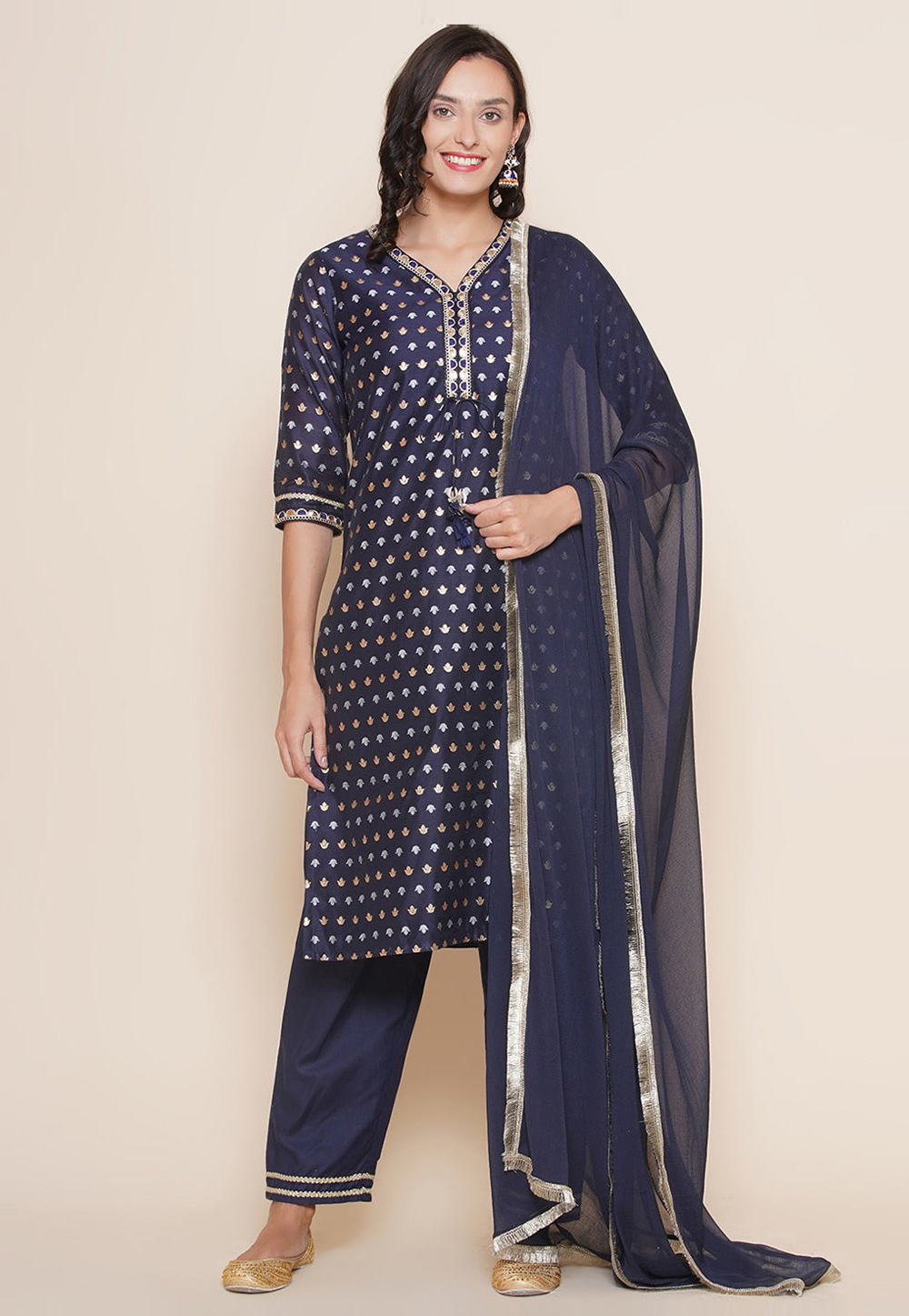 Navy Blue Cotton Readymade Pant Style Suit 281464