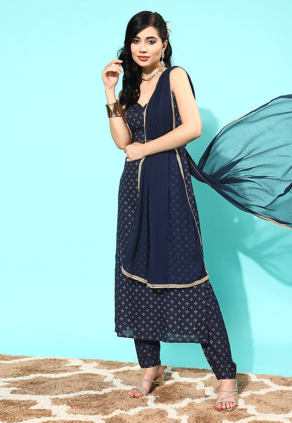 Navy Blue Cotton Readymade Pant Style Suit 282156