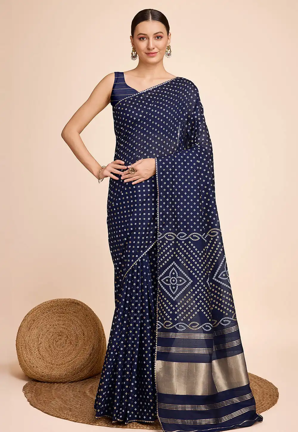 Navy Blue Cotton Saree With Blouse 289398