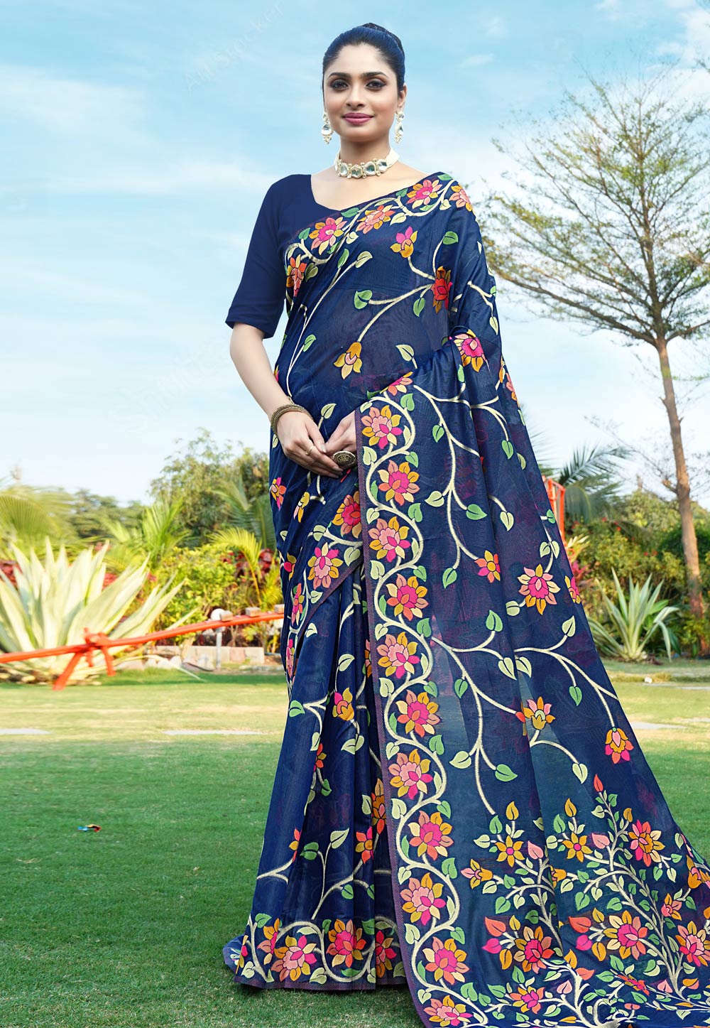 Navy Blue Cotton Saree With Blouse 285646