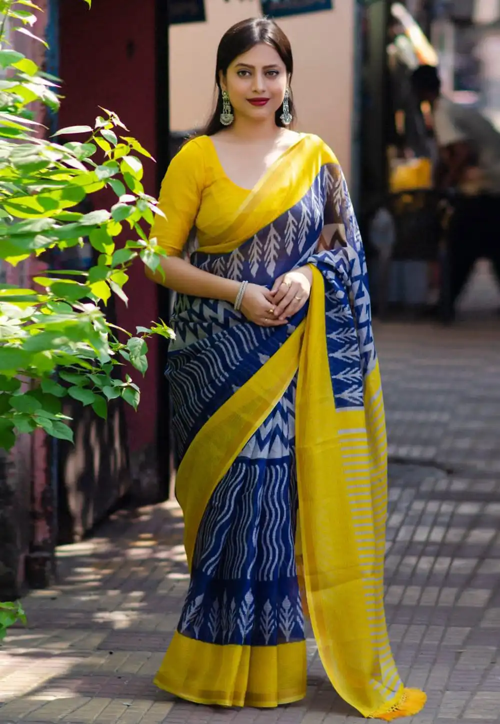 Navy Blue Cotton Saree With Blouse 289740