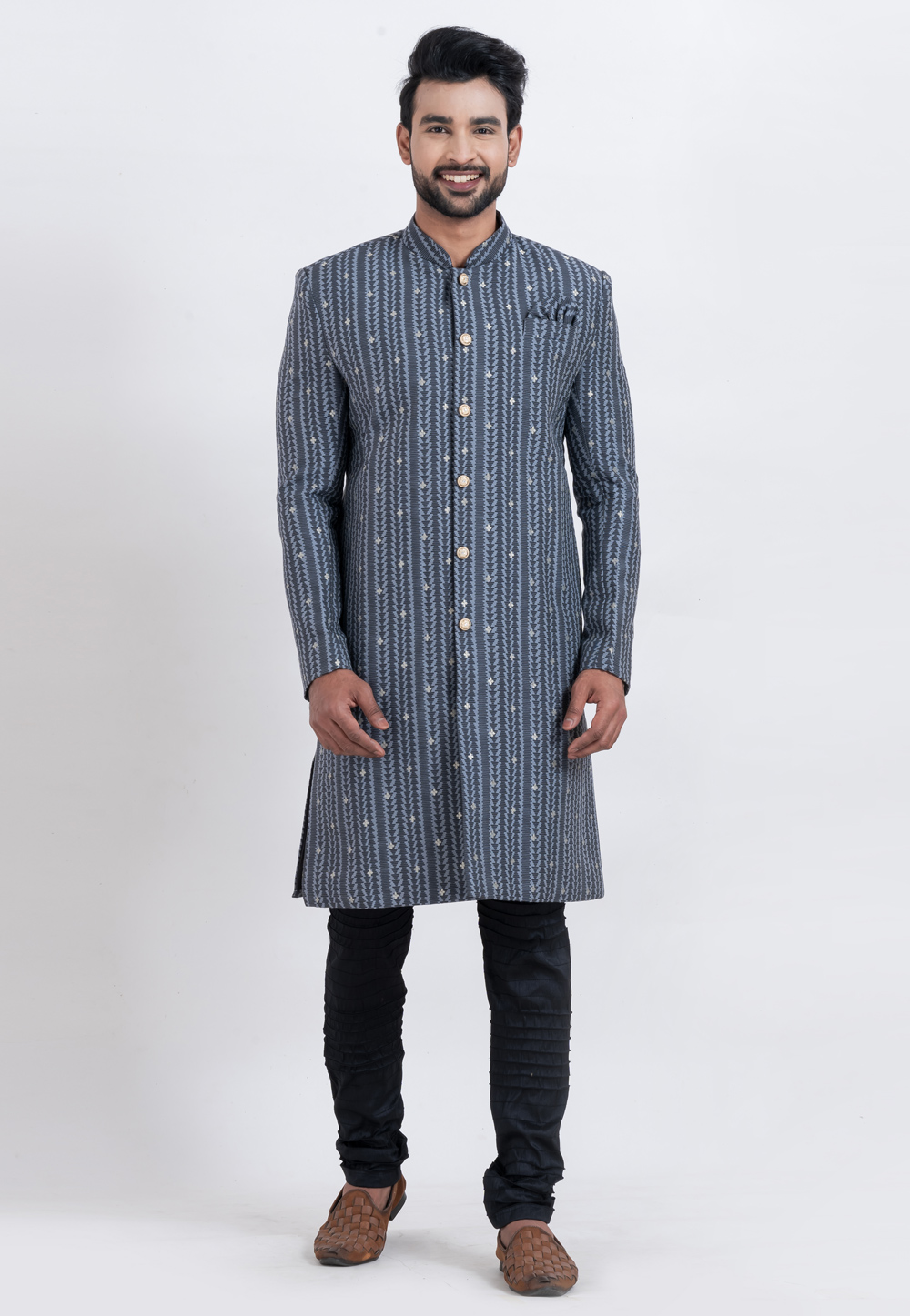 Navy Blue Cotton Silk Indo Western Suit 310266