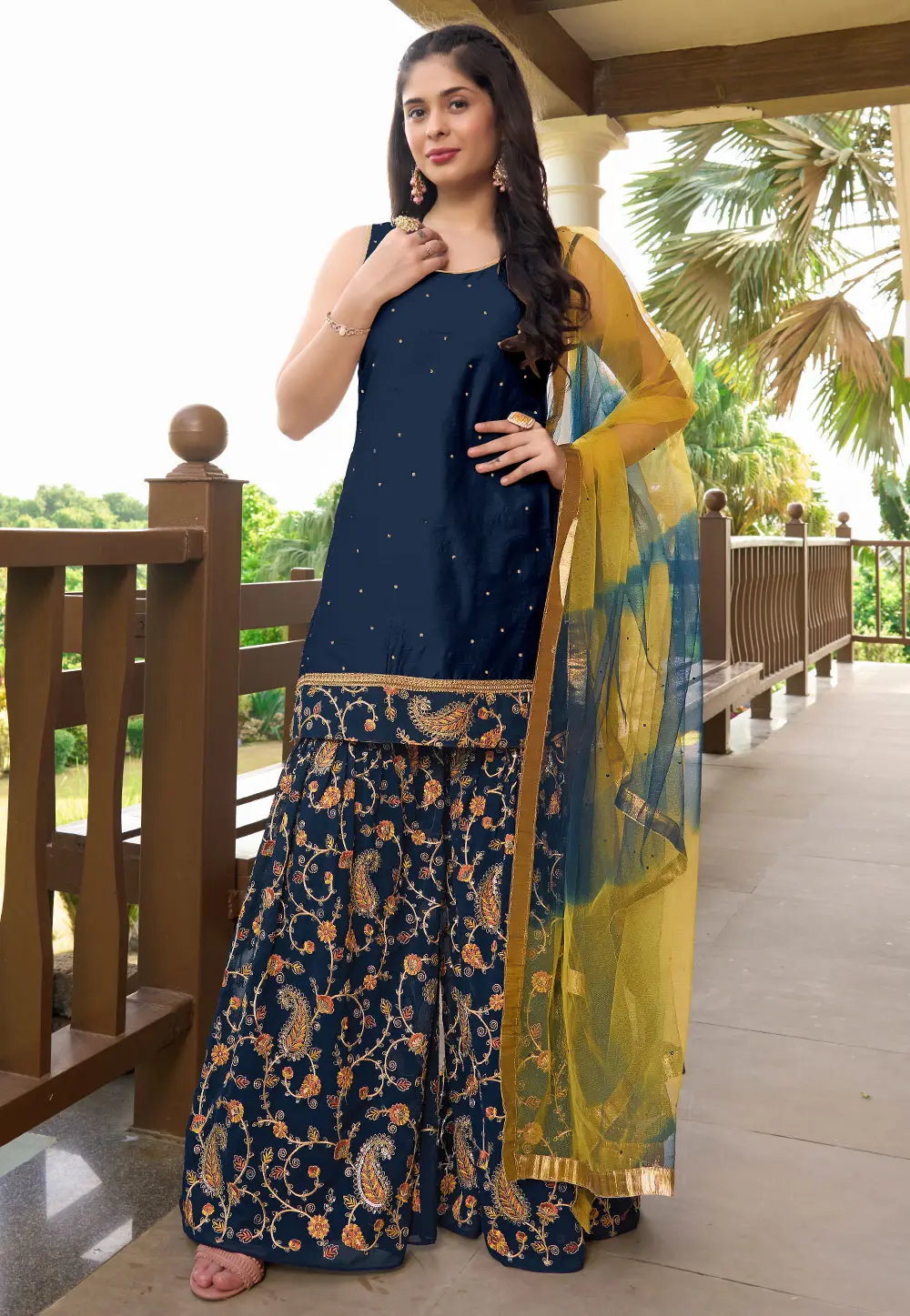 Navy Blue Cotton Silk Readymade Gharara Suit 300611