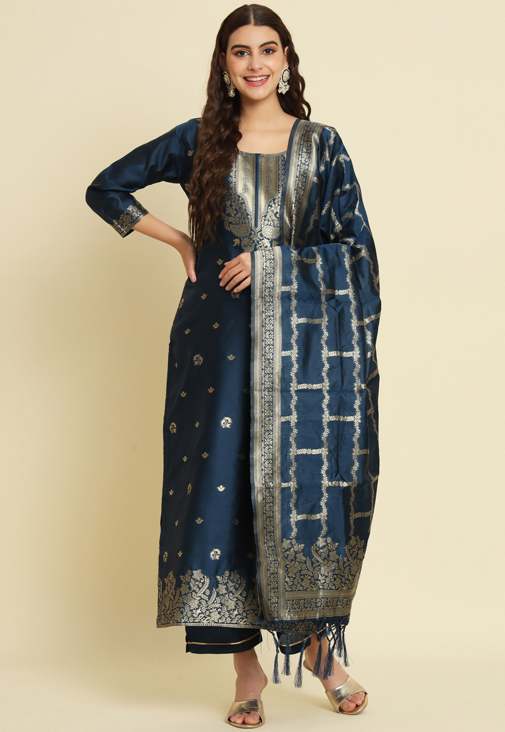 Navy Blue Cotton Silk Readymade Pakistani Suit 310608