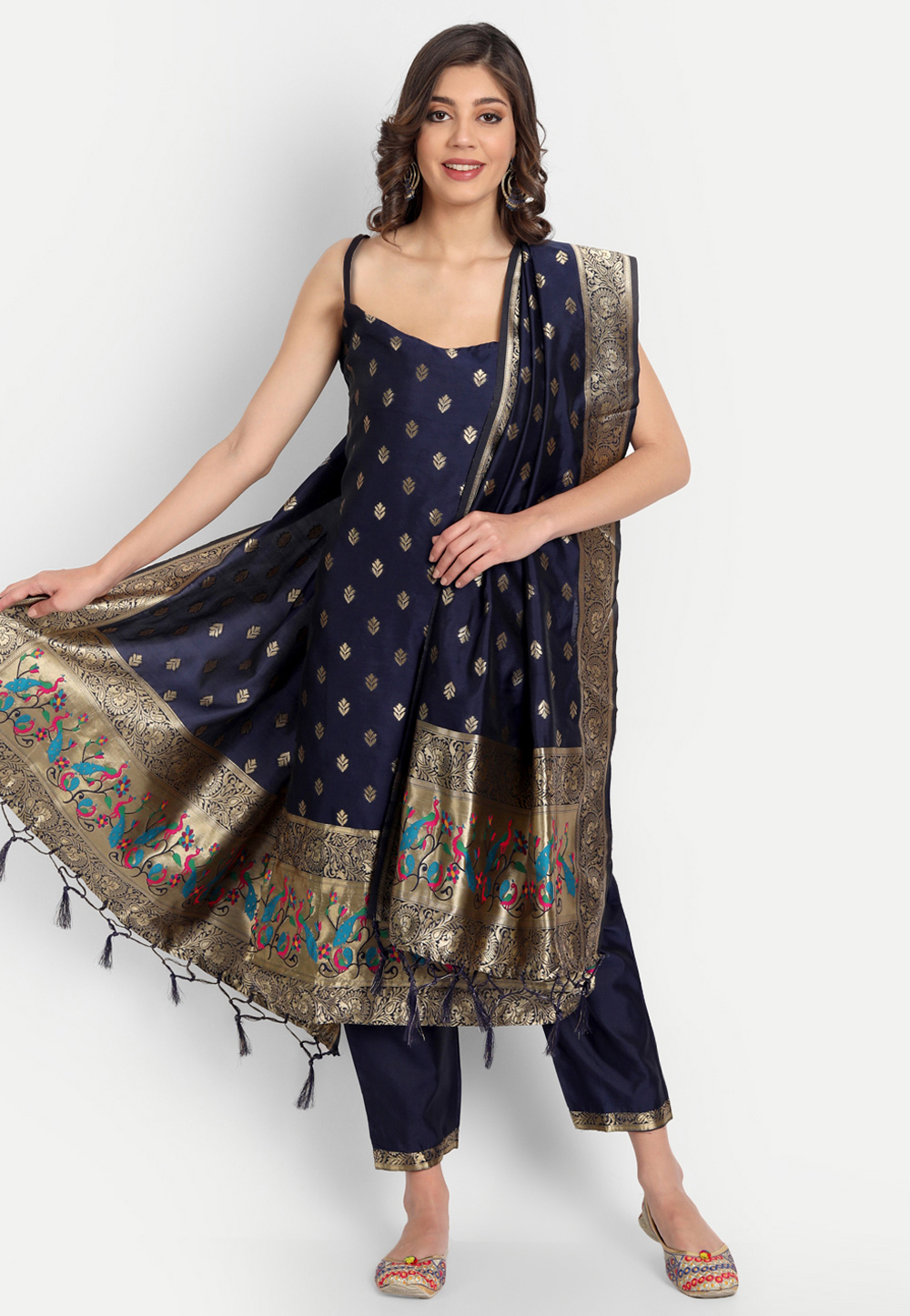 Navy Blue Cotton Silk Readymade Pant Style Suit 310190