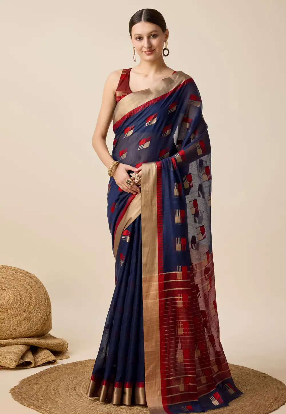 Navy Blue Cotton Silk Saree With Blouse 289978