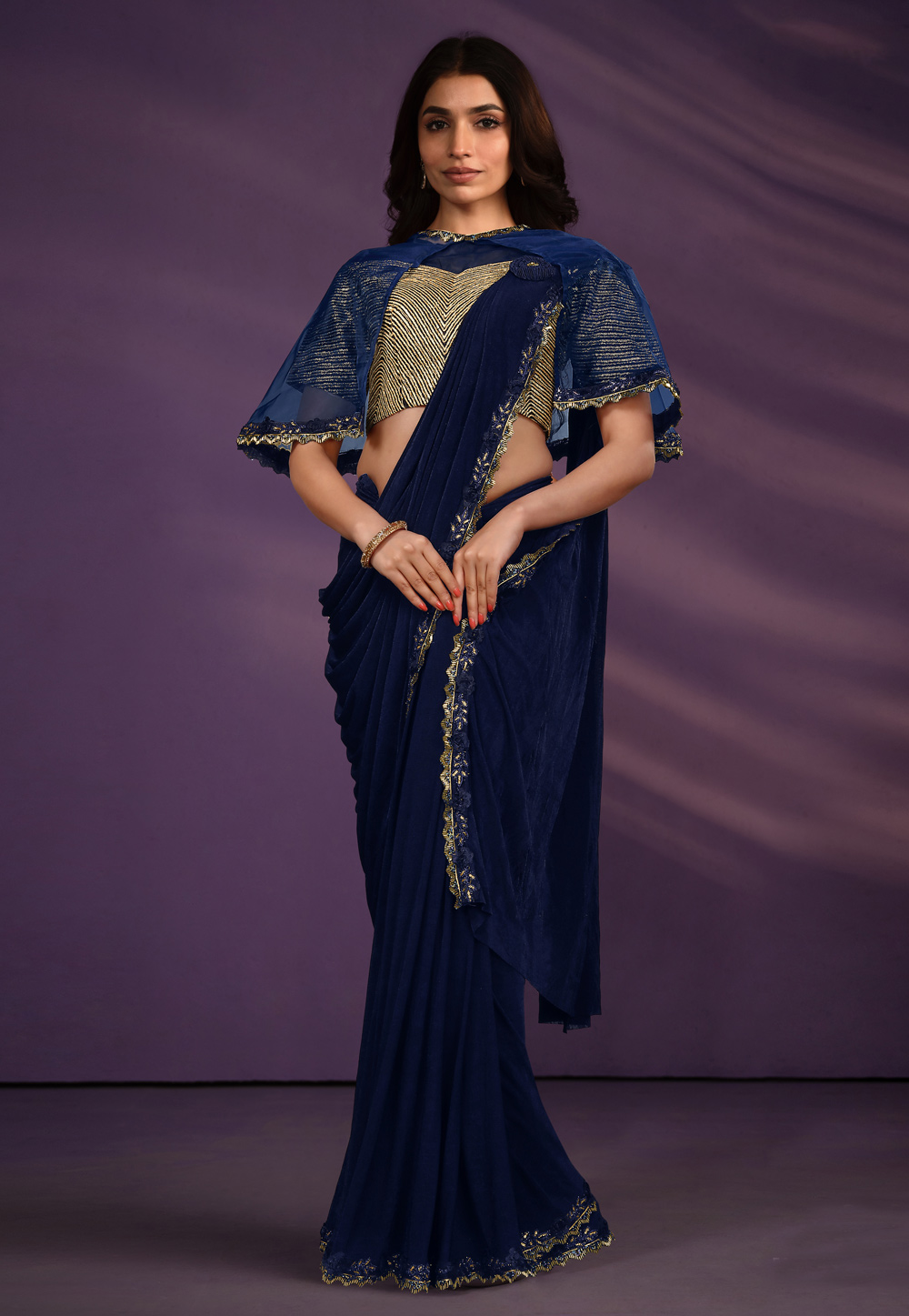 Navy Blue Crepe Lehenga Saree 310852