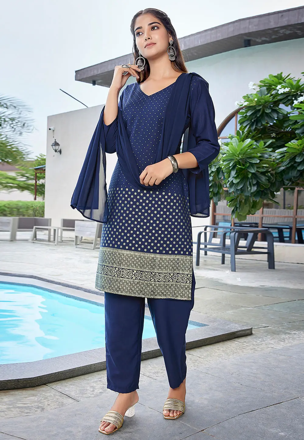 Navy Blue Crepe Readymade Pakistani Suit 303217