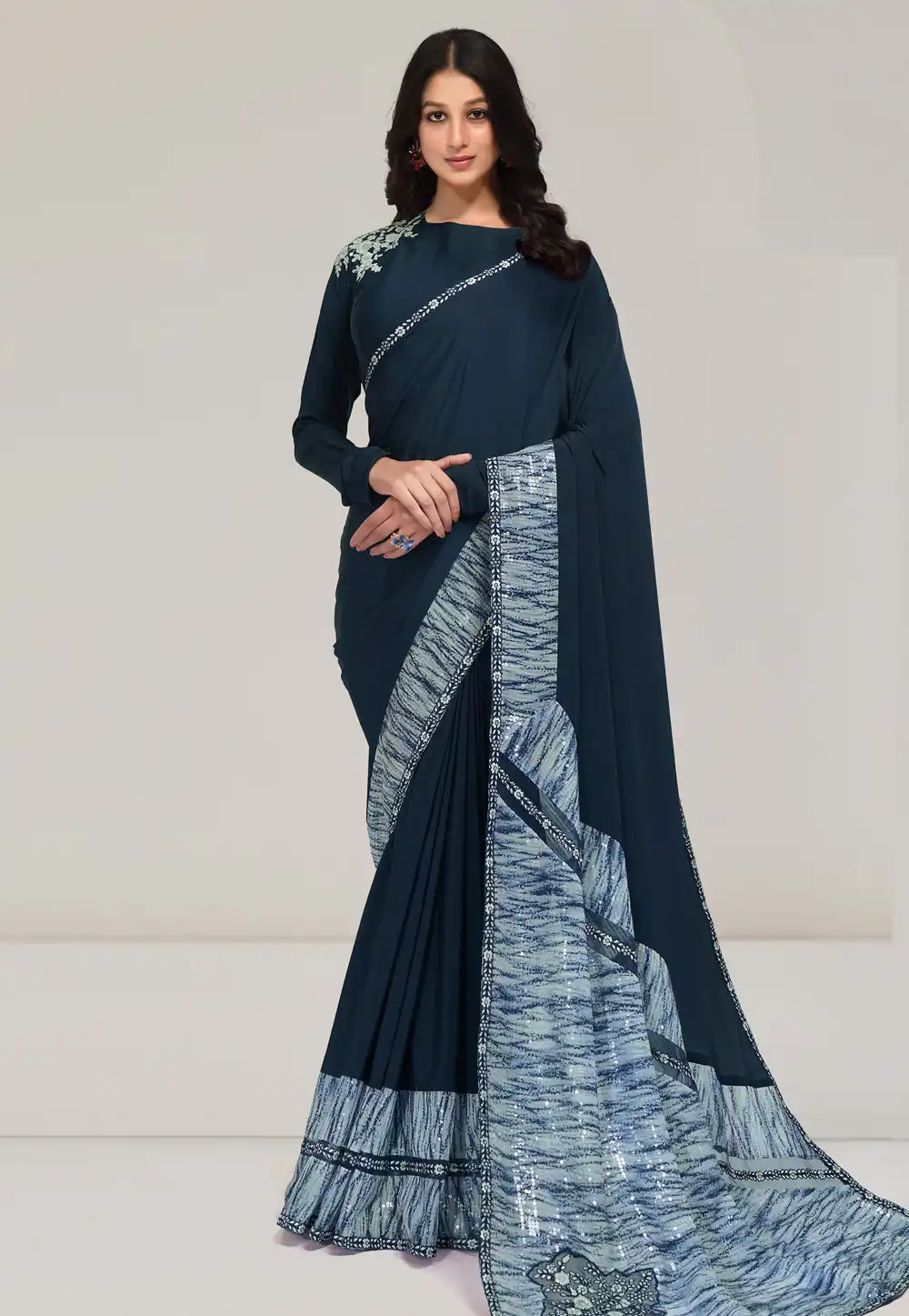 Navy Blue Crepe Saree With Blouse 293084