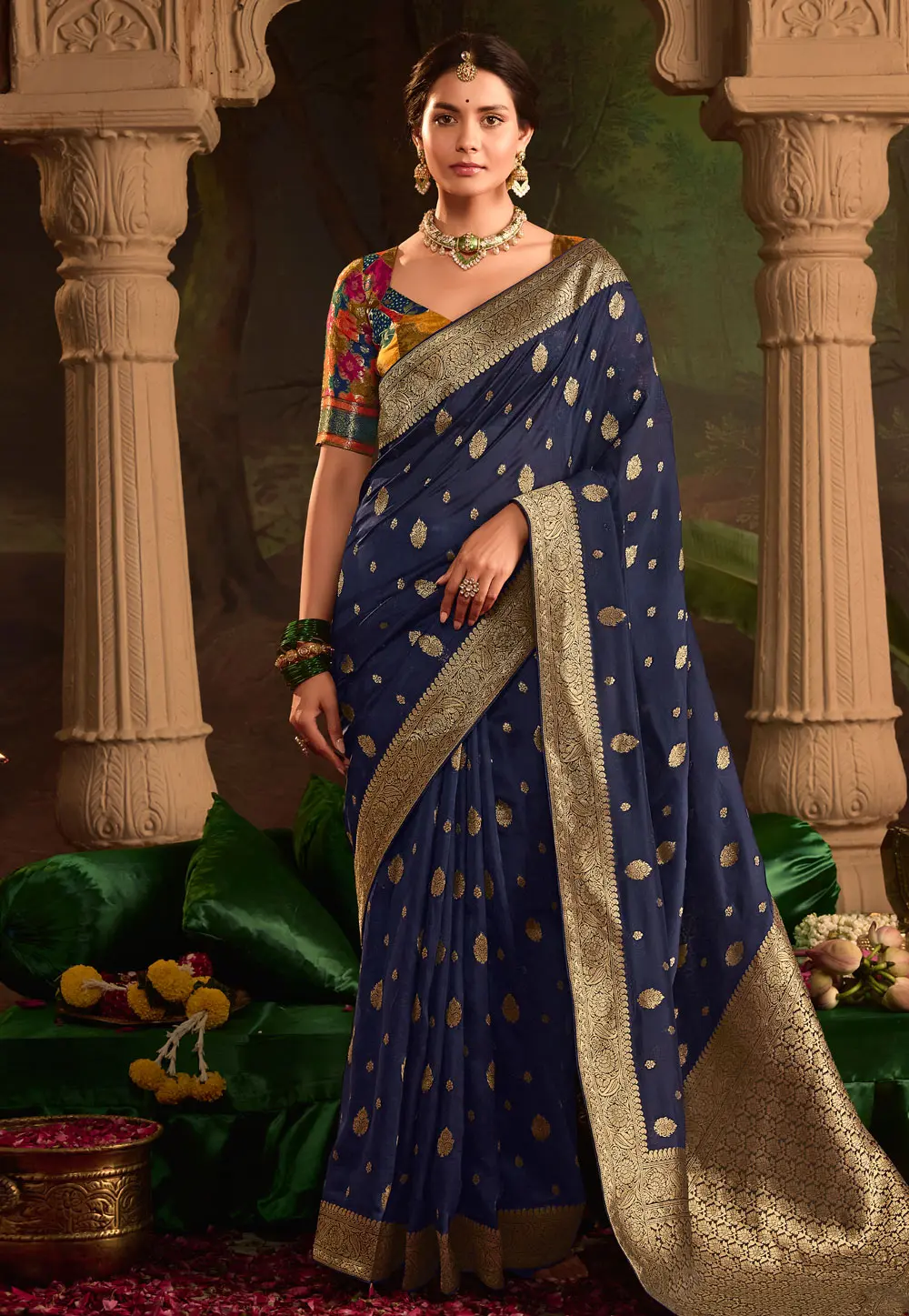 Navy Blue Crepe Silk Saree With Blouse 301424