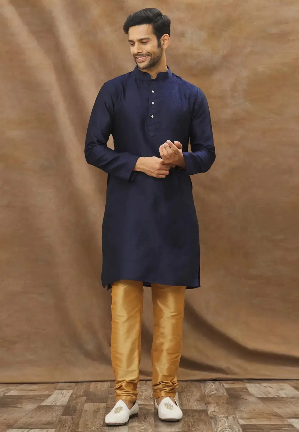 Navy Blue Dupion Kurta Pajama 300687