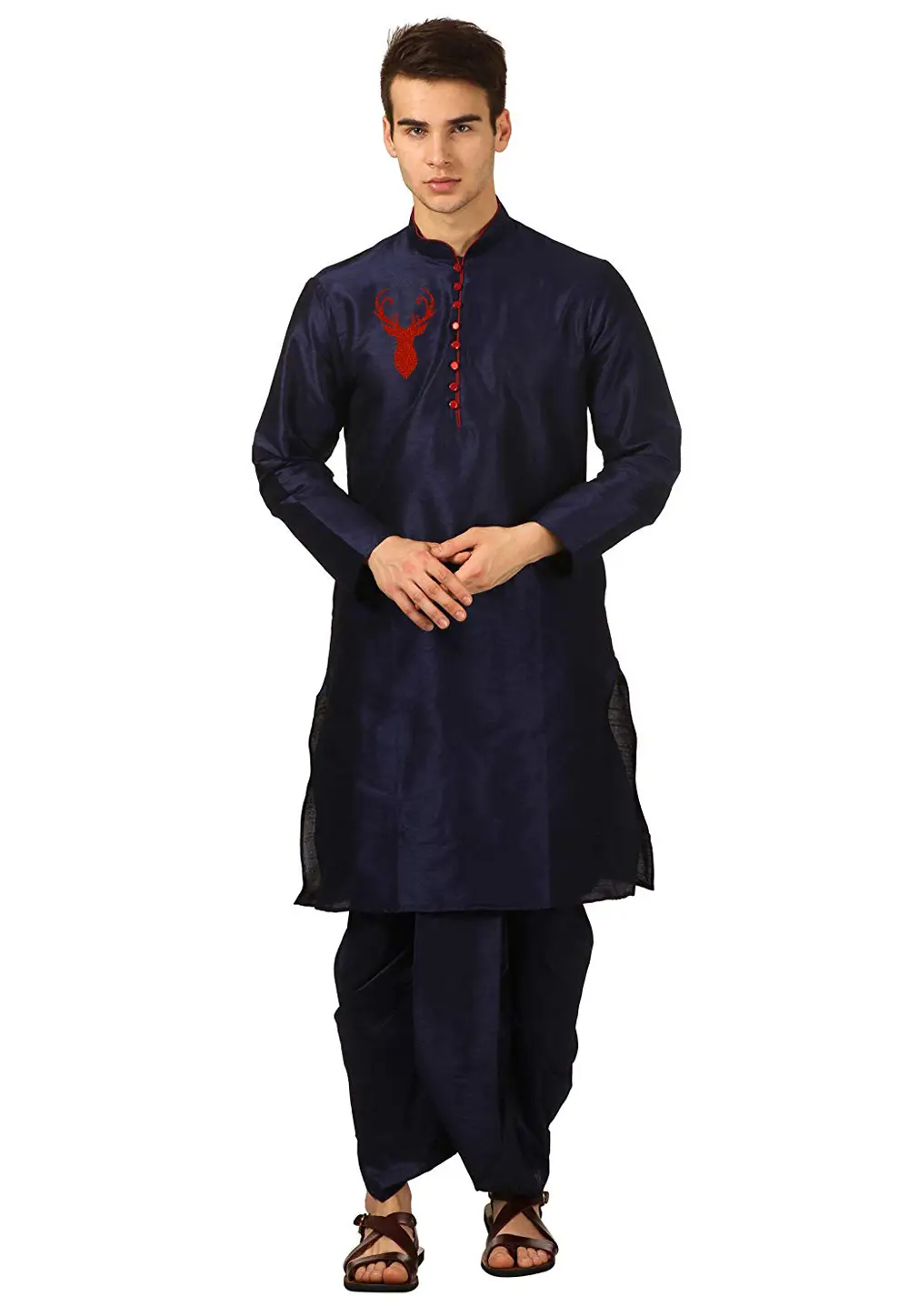 Navy Blue Dupion Silk Dhoti Kurta 303415