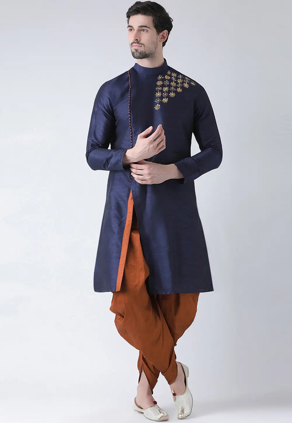 Navy Blue Dupion Silk Dhoti Kurta 304470