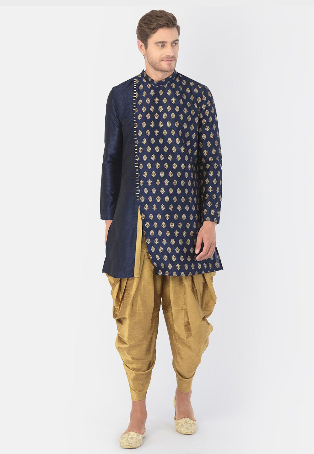 Navy Blue Dupion Silk Dhoti Kurta 286439