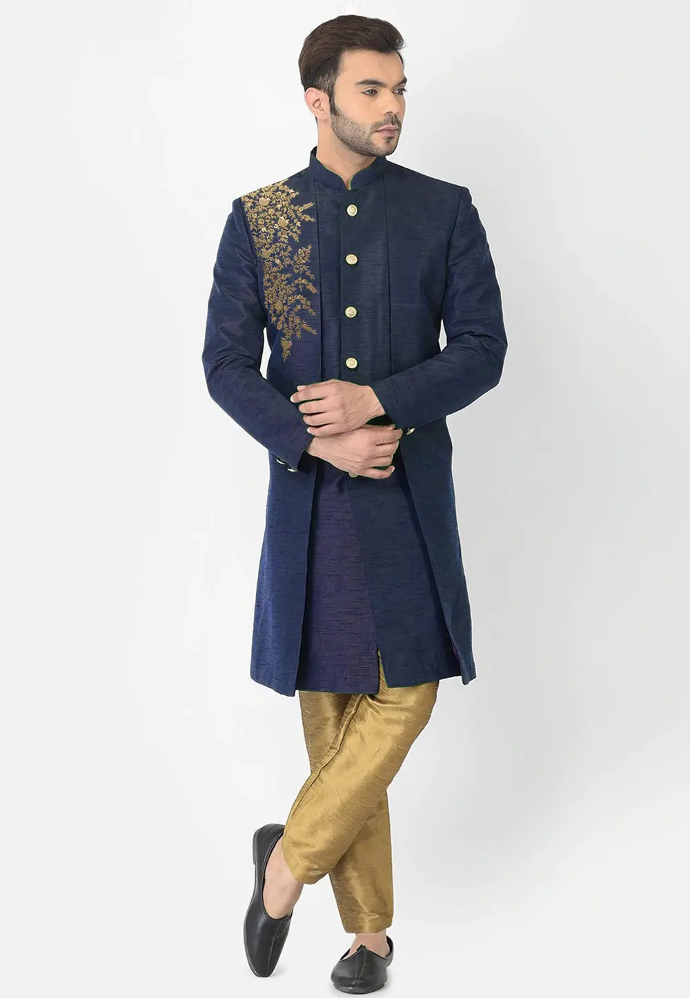 Navy Blue Dupion Silk Indo Western Suit 298147