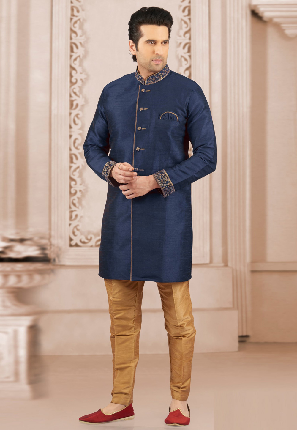 Navy Blue Dupion Silk Indo Western Suit 309773