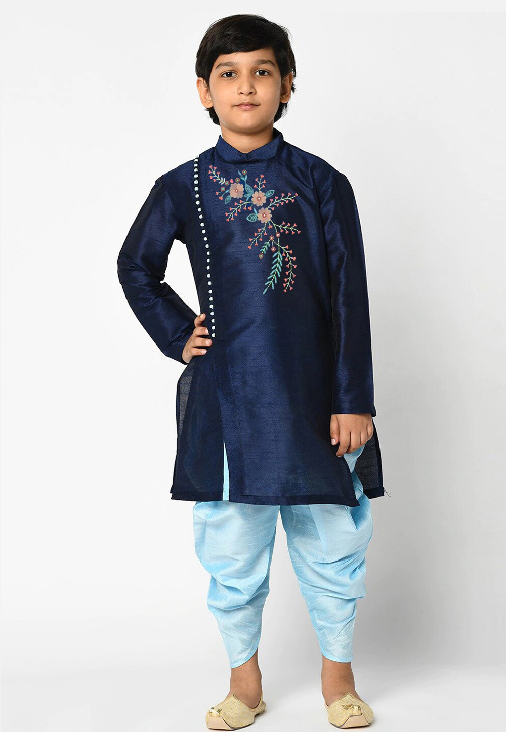 Navy Blue Dupion Silk Kids Dhoti Kurta 286211