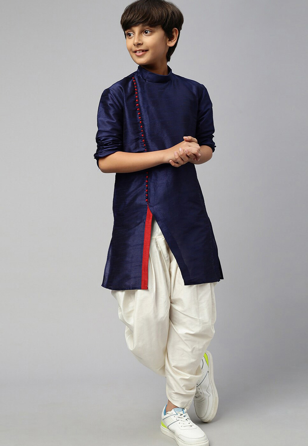 Navy Blue Dupion Silk Kids Dhoti Kurta 286213