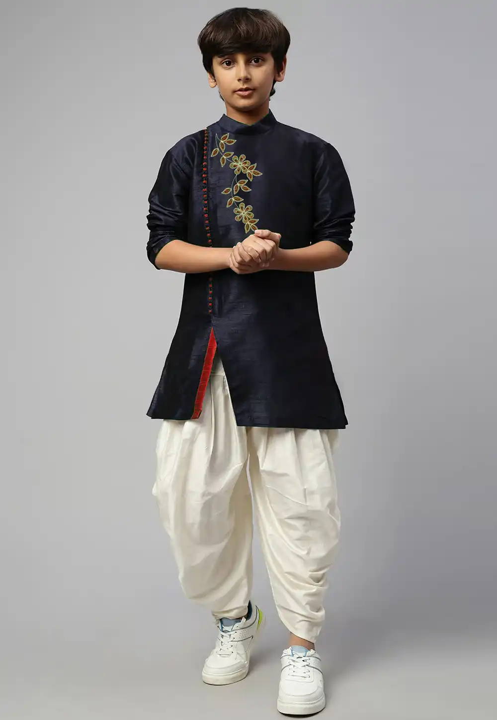 Navy Blue Dupion Silk Kids Dhoti Kurta 289205